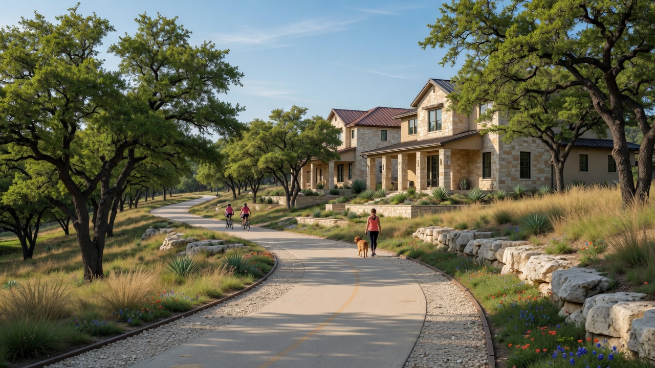 Walking trail winding through Hill Country terrain with live oaks and native grasses at Esperanza community in Boerne Texas