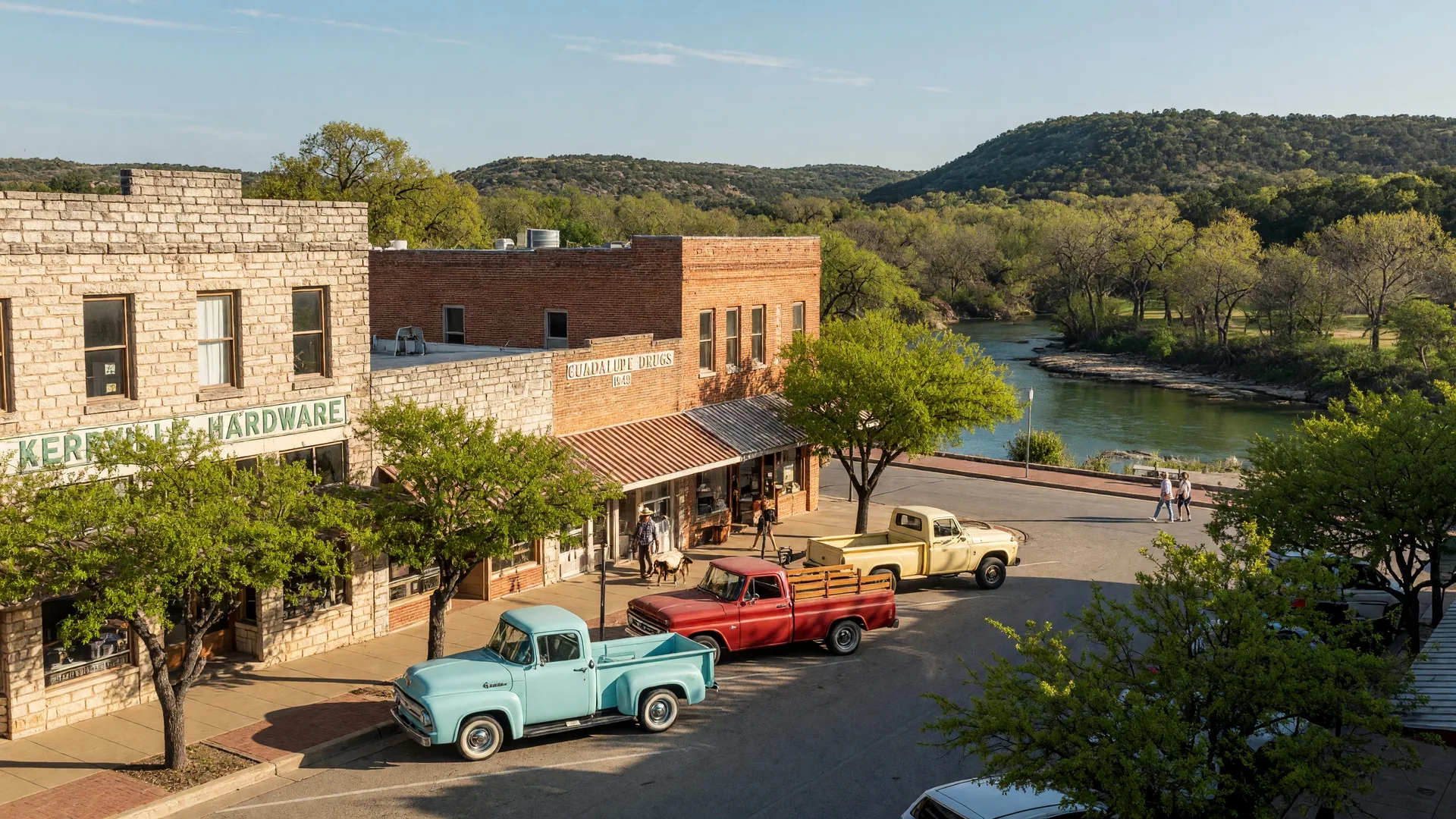 Historic downtown Kerrville, Texas with limestone and brick storefronts, live oaks, and the Guadalupe River in the distance