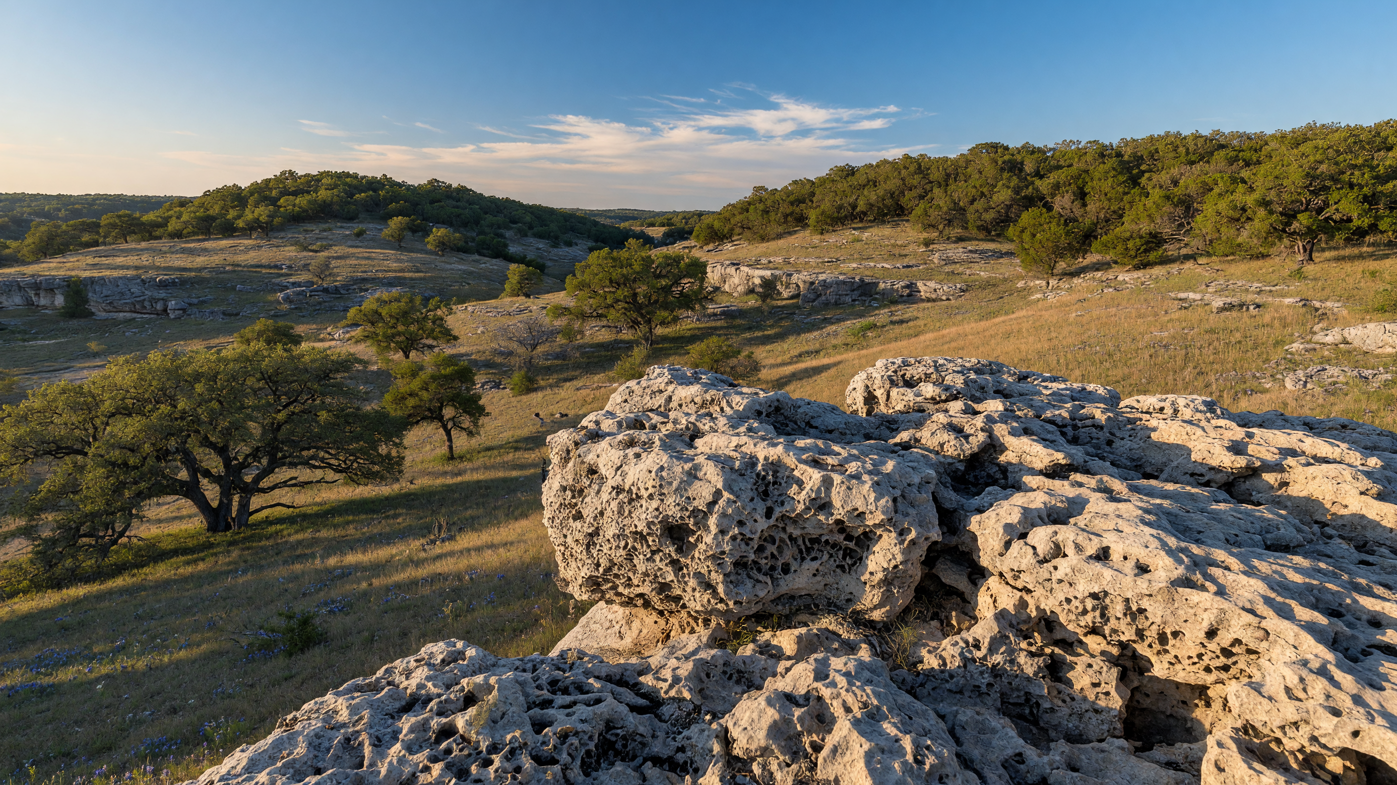 Edwards Aquifer recharge zone in the Texas Hill Country with limestone hills and live oaks