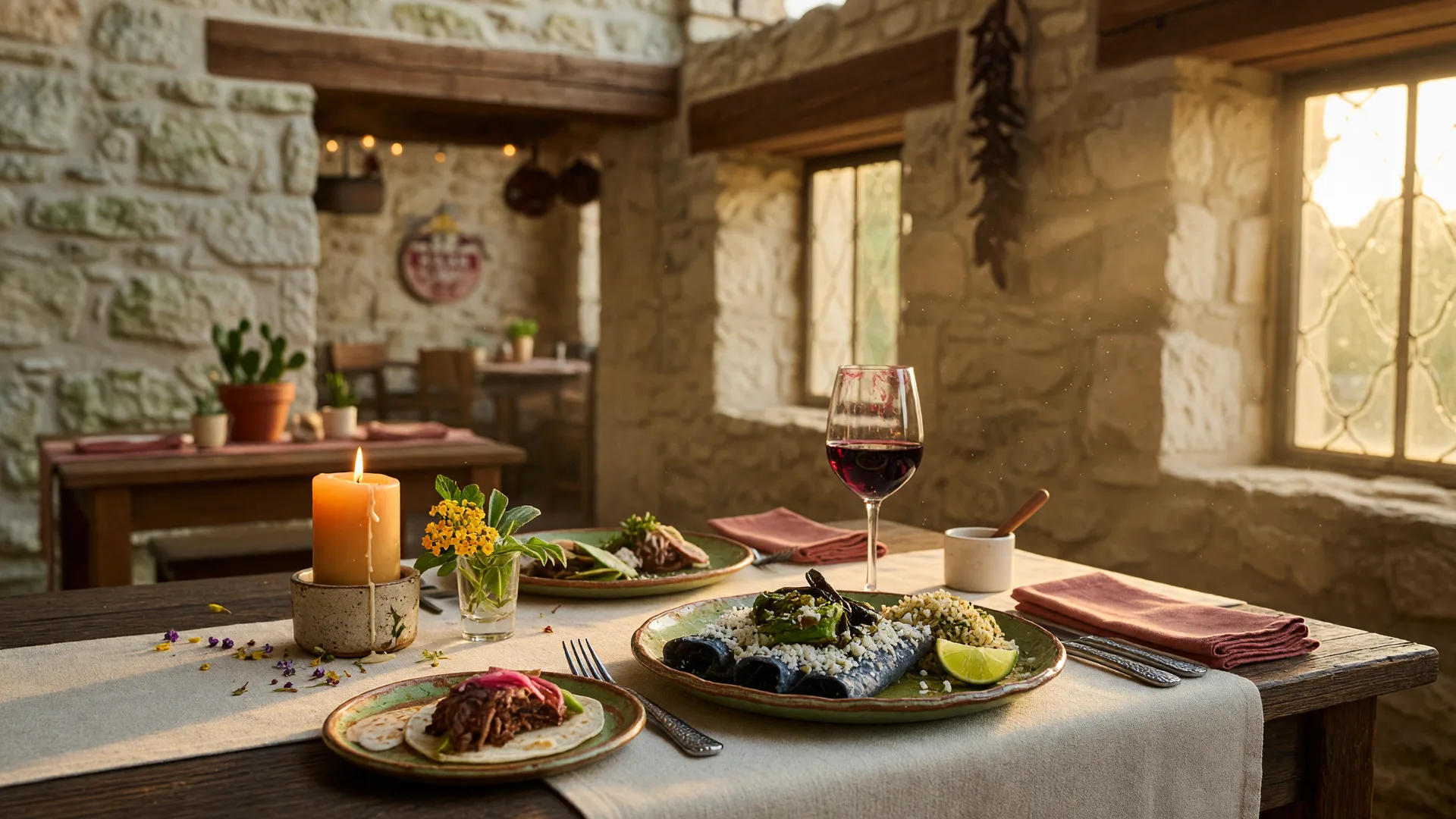 A beautifully set restaurant table in the Texas Hill Country