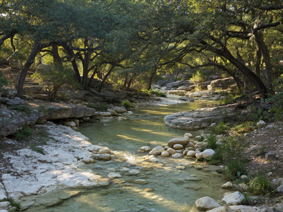 Hill Country creek flowing through limestone terrain with live oak trees and native vegetation in the Cordillera Ranch area