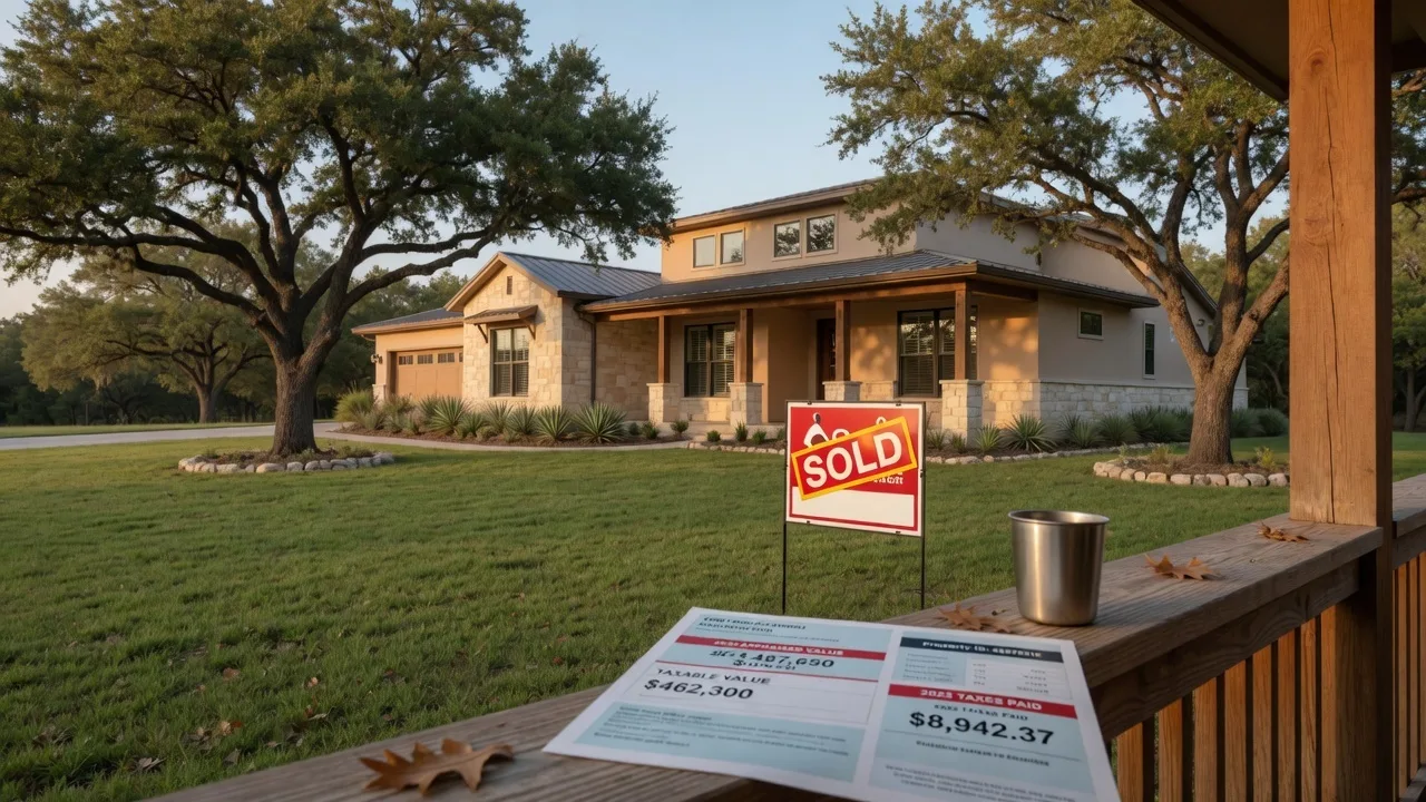 A Hill Country home with a sold sign on a clear morning, representing the property tax reassessment that follows every Texas home purchase