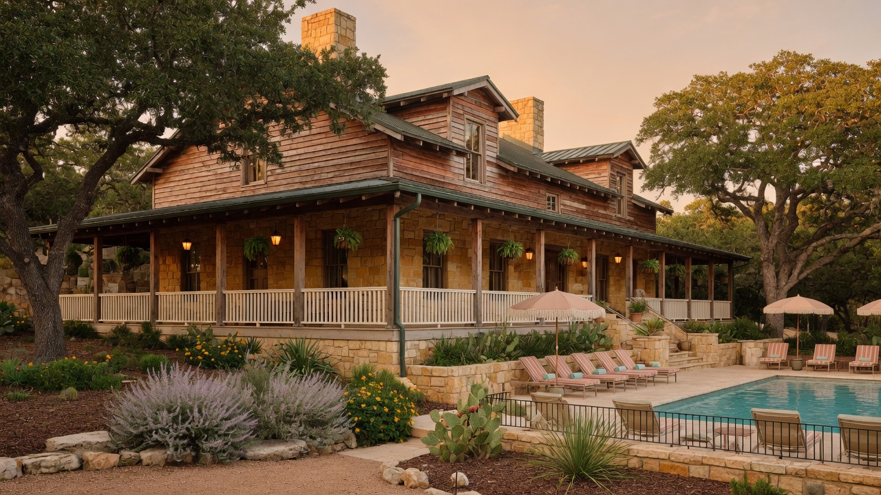 Texas Hill Country resort hotel with limestone facade, pool area, and native landscaping at Tapatio Springs in Boerne