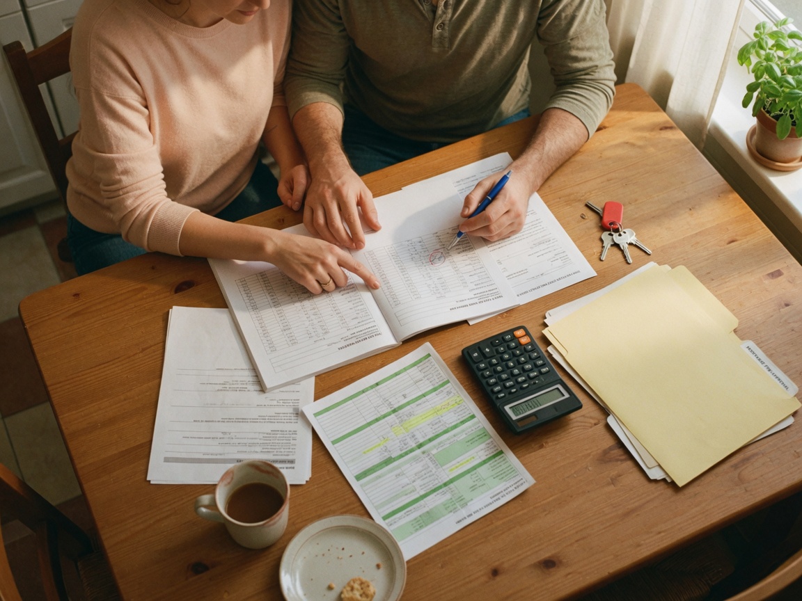 A couple reviewing financial documents and paperwork at a kitchen table with a calculator and house keys, planning their budget for a home purchase with down payment assistance