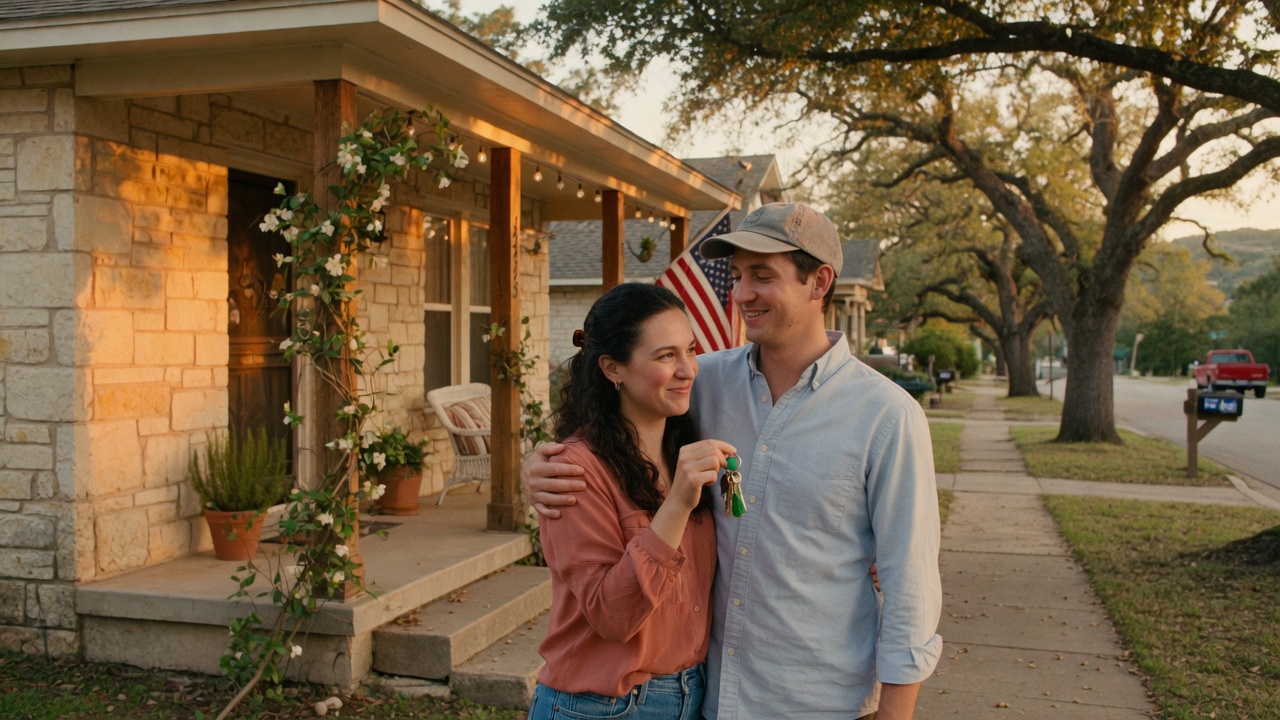 A young couple standing in front of their new Texas Hill Country home holding house keys, representing the excitement of first-time home buying in Texas