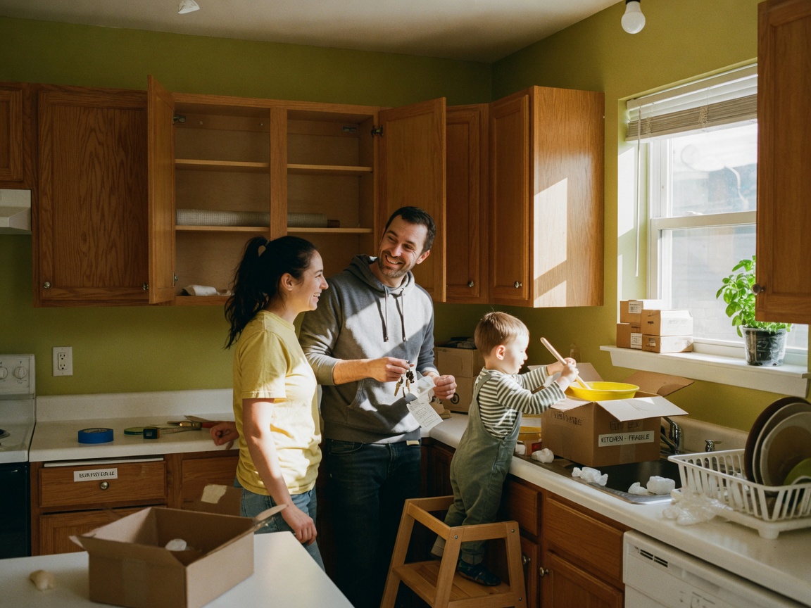 A happy family settling into the kitchen of their new home, representing the successful outcome of first-time buyers who used Texas homebuyer assistance programs