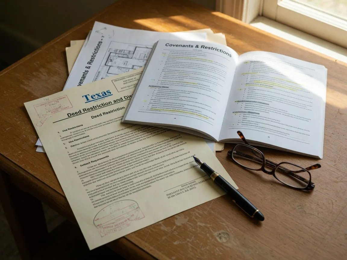 A Texas real estate deed restriction document and HOA covenant booklet spread open on a wooden desk with a fountain pen