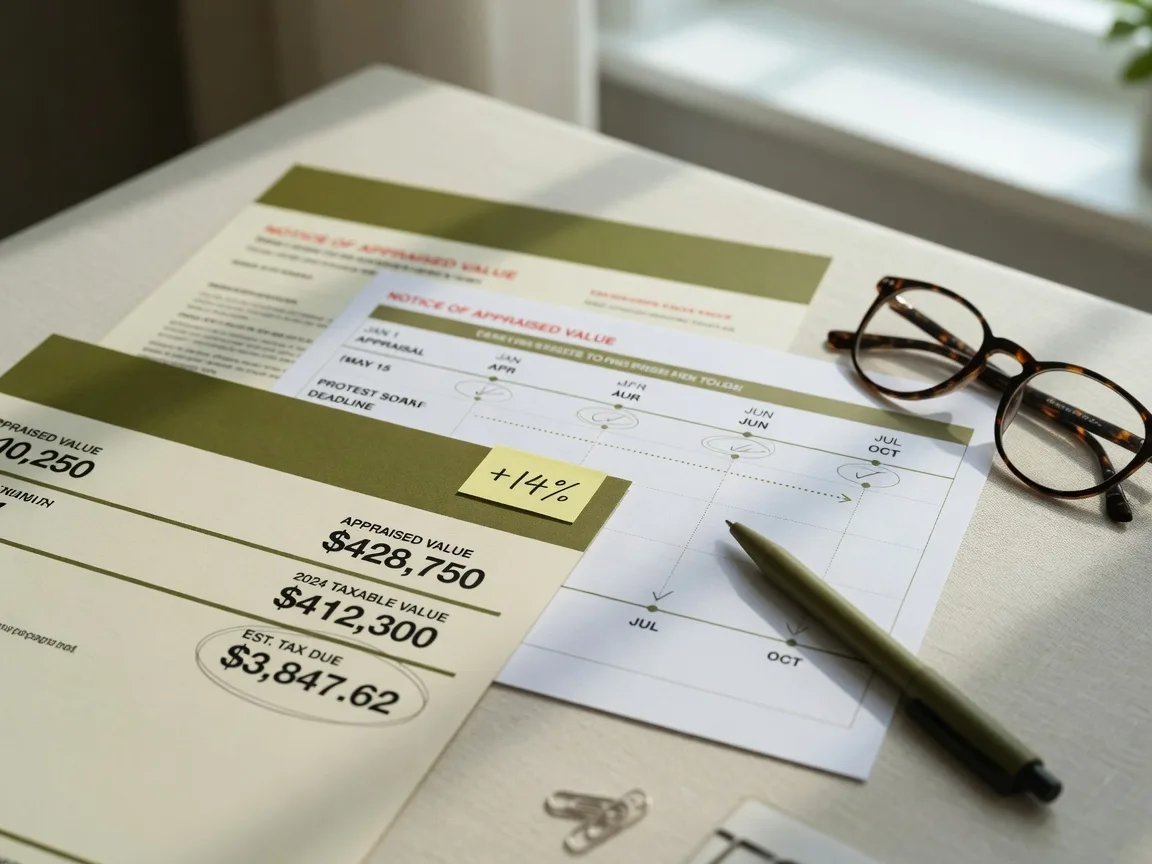 Property tax assessment documents on a desk, representing the annual appraisal process that determines Texas property taxes