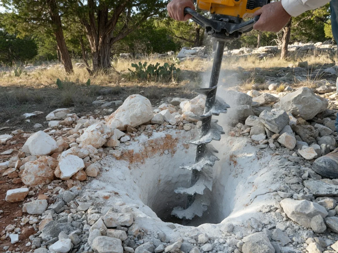 Fence post hole being drilled into rocky caliche soil with carbide-tipped auger in the Texas Hill Country