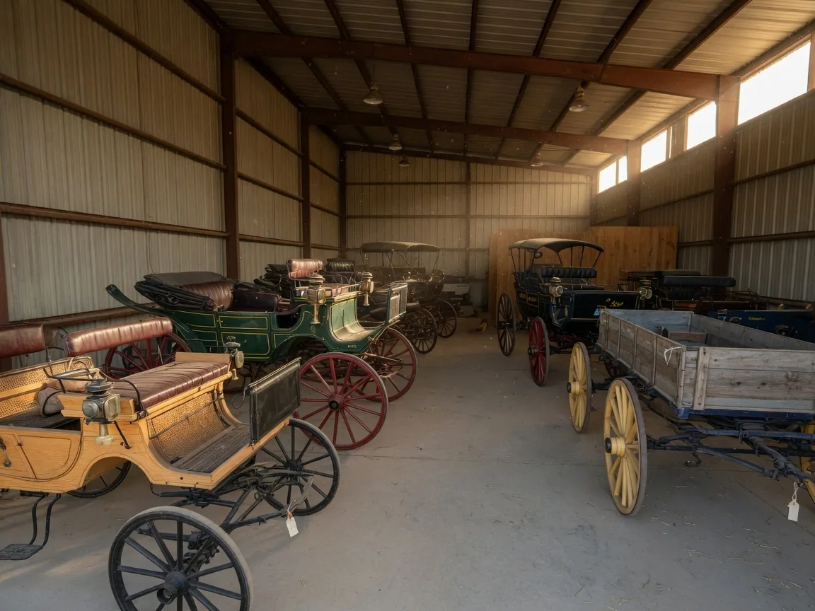 Interior of the Buggy Barn Museum in Blanco, Texas showing a collection of antique horse-drawn carriages and wagons
