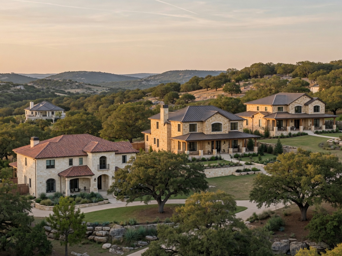 Hill Country club clubhouse exterior with native limestone walls and covered veranda overlooking rolling terrain