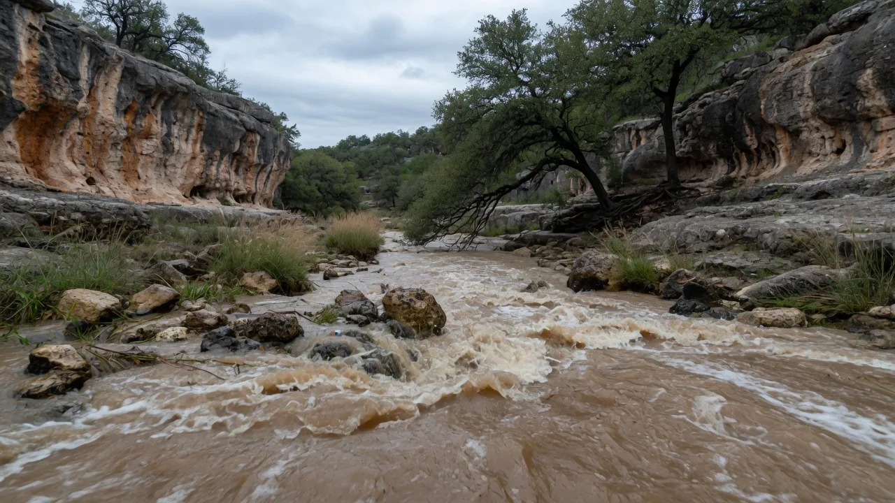 Flash flood waters rushing through a limestone creek bed in the Texas Hill Country, demonstrating the type of flooding not covered by standard homeowner policies