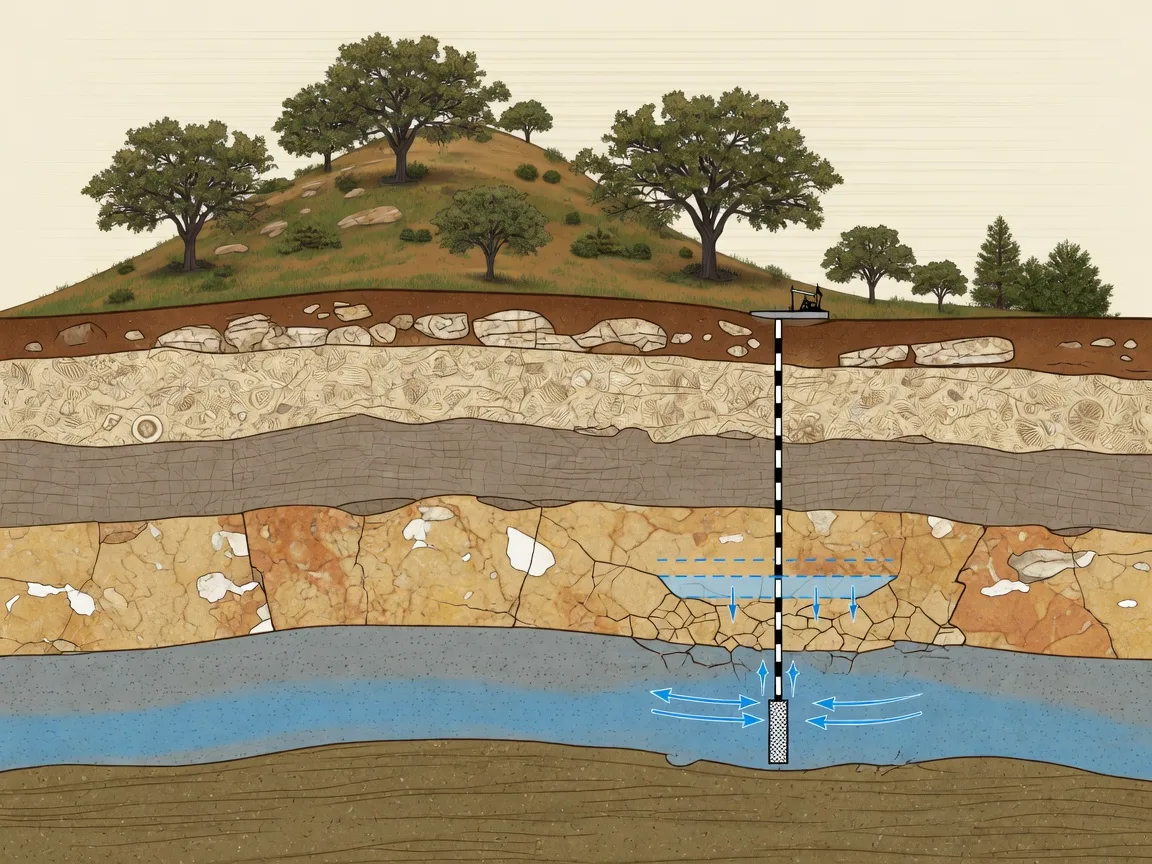 Geological cross-section diagram showing layers of limestone, clay, and water-bearing aquifer strata beneath the Hill Country surface, with a well bore penetrating through the formations