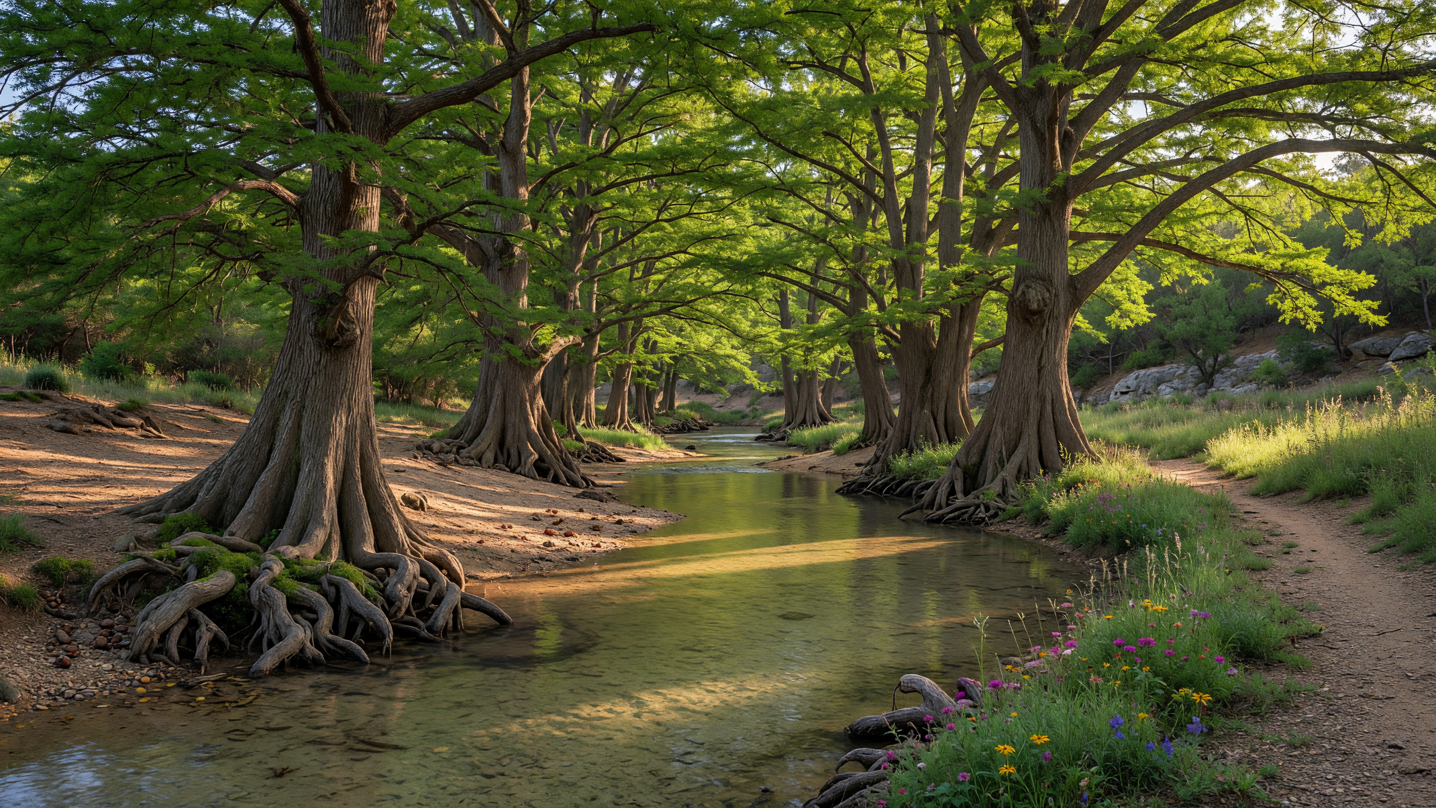 Cibolo Creek flowing through towering bald cypress trees at the Cibolo Center for Conservation in Boerne, Texas