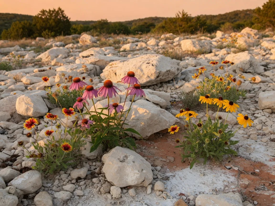 Well-built cedar raised bed garden in the Texas Hill Country filled with dark soil and healthy tomato plants, with rocky caliche terrain visible between the beds