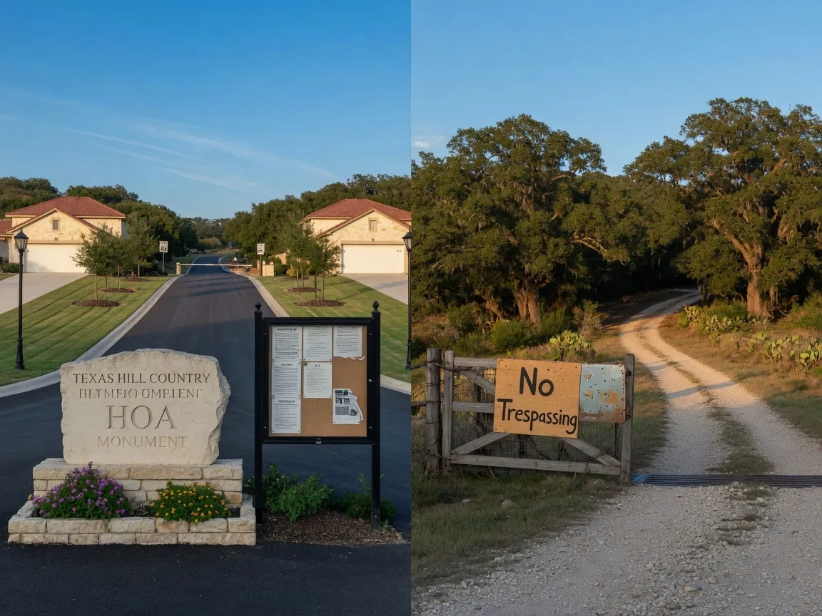 Split view comparison of a Texas Hill Country HOA subdivision entrance and a rural property with a gate on a winding gravel road