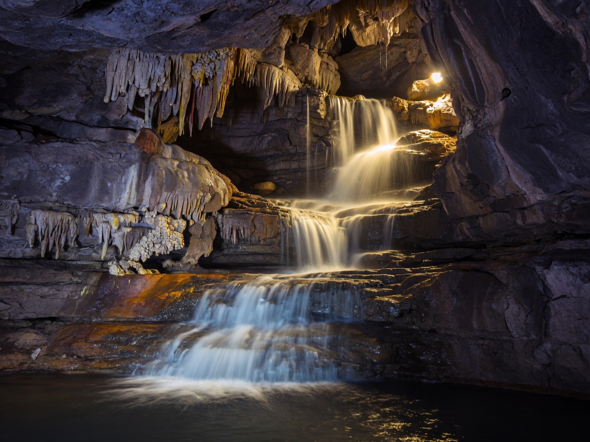 Underground waterfall cascading down limestone ledges inside a cave, illuminated by warm artificial lighting