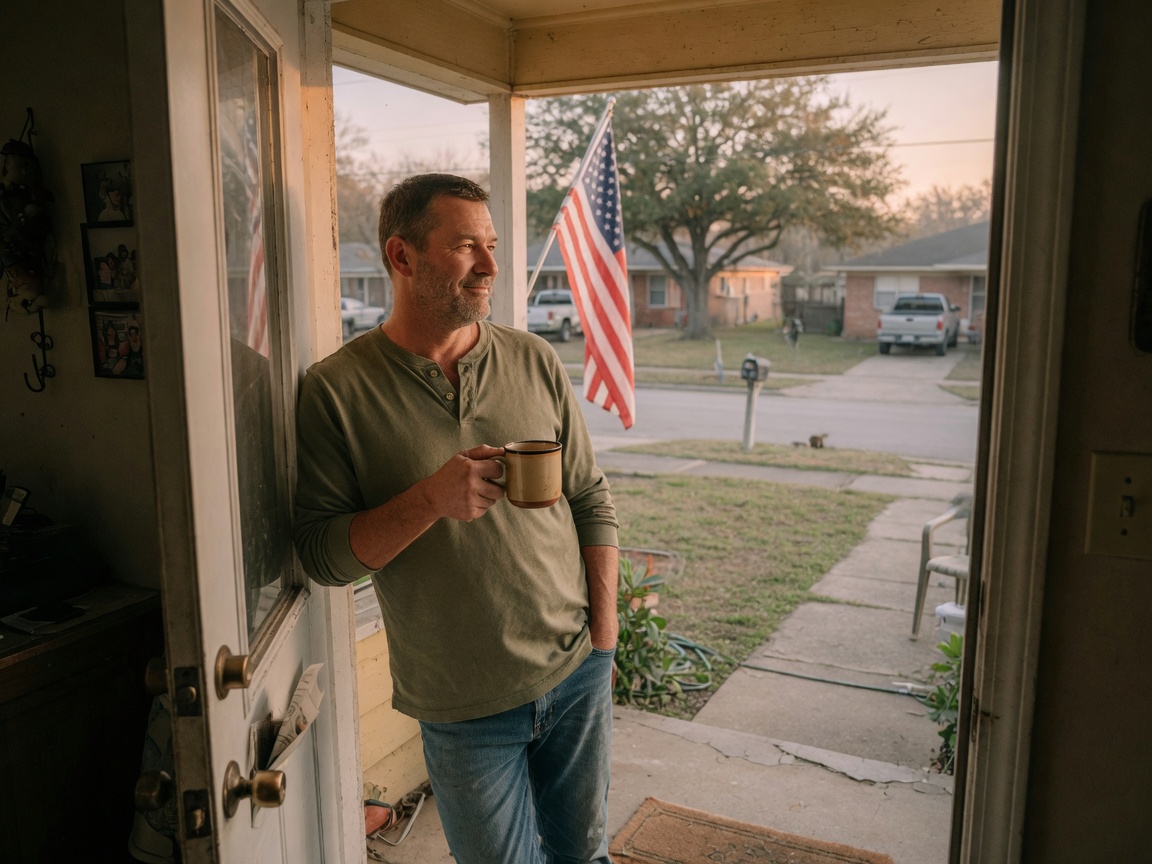 A military veteran relaxing at home in casual clothing, representing the lifestyle benefits and stability that VA home loan programs provide for Texas veterans