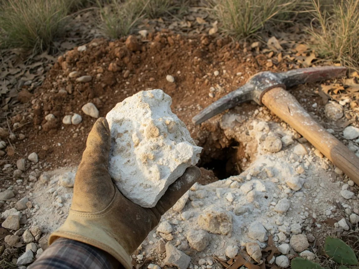 Exposed caliche layer visible in a shallow soil excavation in the Texas Hill Country, showing the hard white calcium carbonate layer cementing soil particles together beneath darker topsoil
