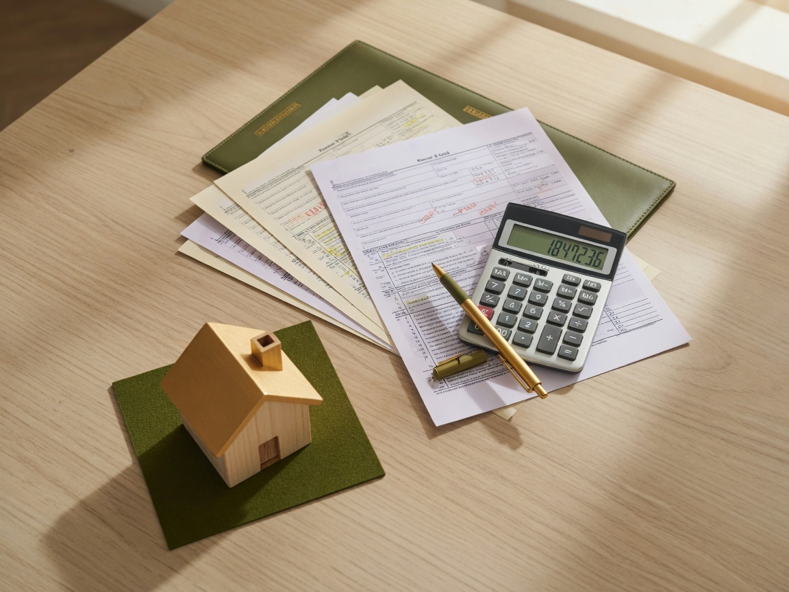 Financial planning documents, calculator, and house model on a desk representing property tax analysis