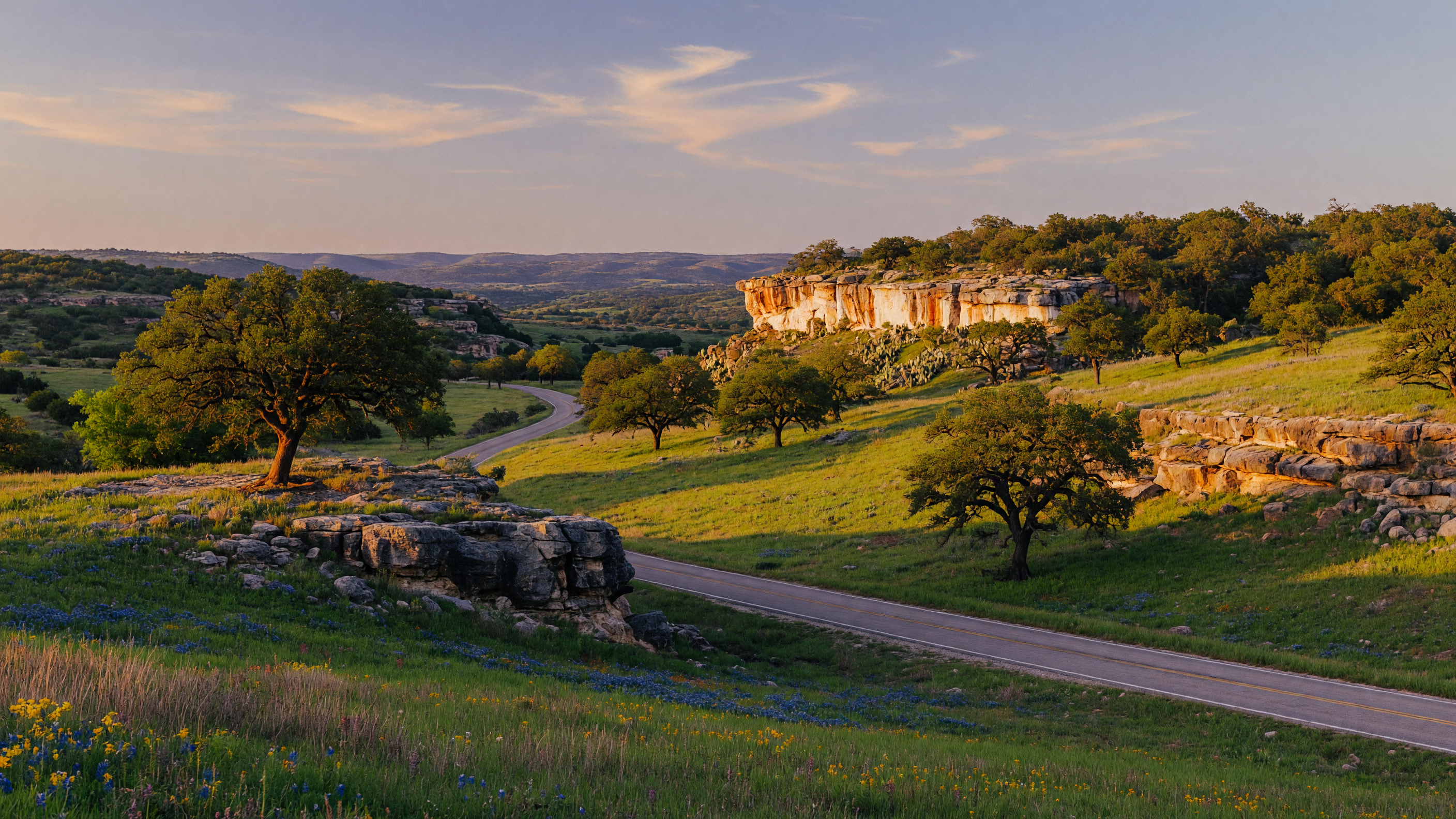 Rolling Texas Hill Country landscape with live oaks and a winding rural road at golden hour