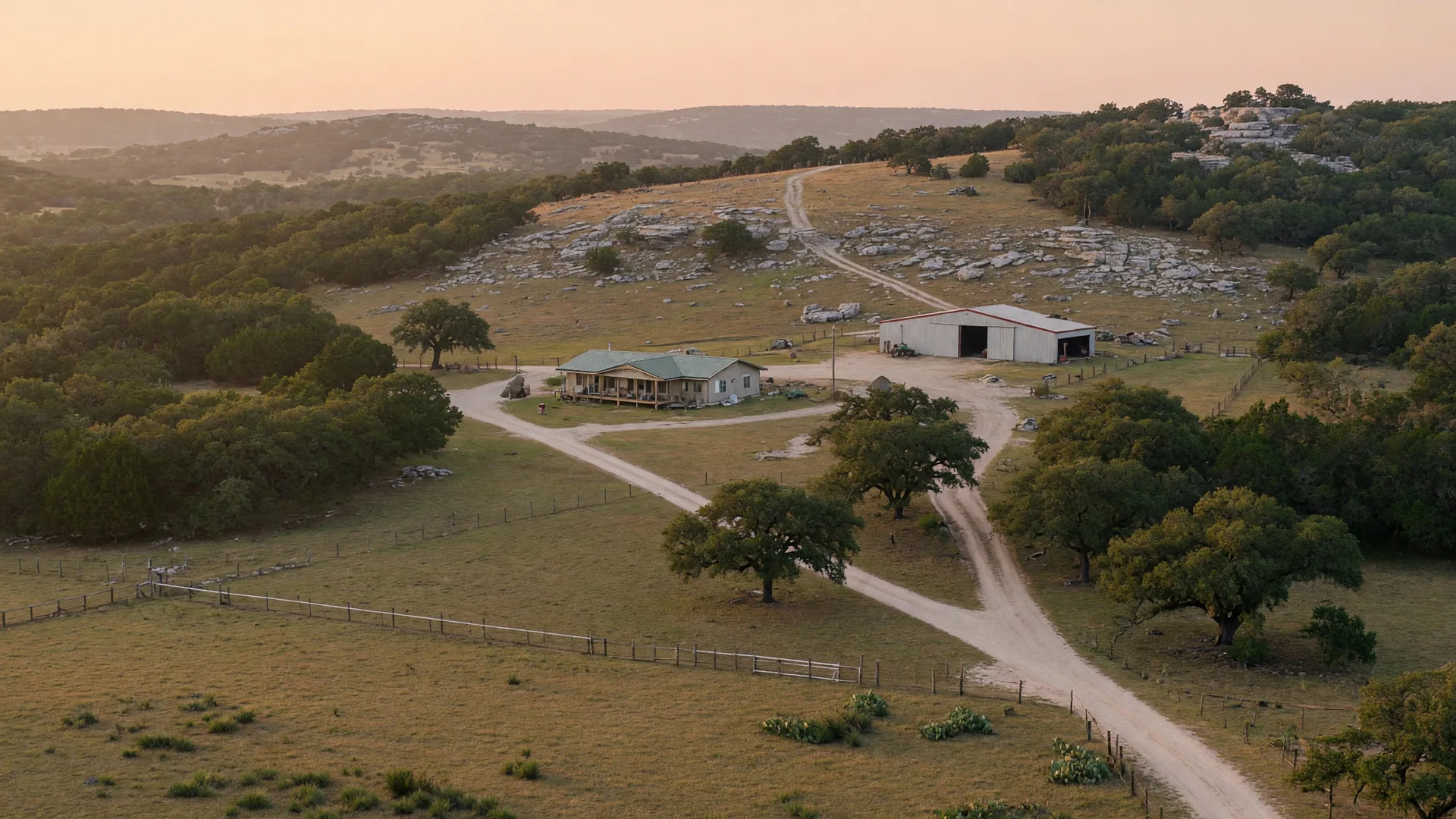 Aerial view of a Texas Hill Country acreage property with winding dirt driveway, live oak trees, limestone outcroppings, open pasture and wooded areas, ranch-style home and metal barn