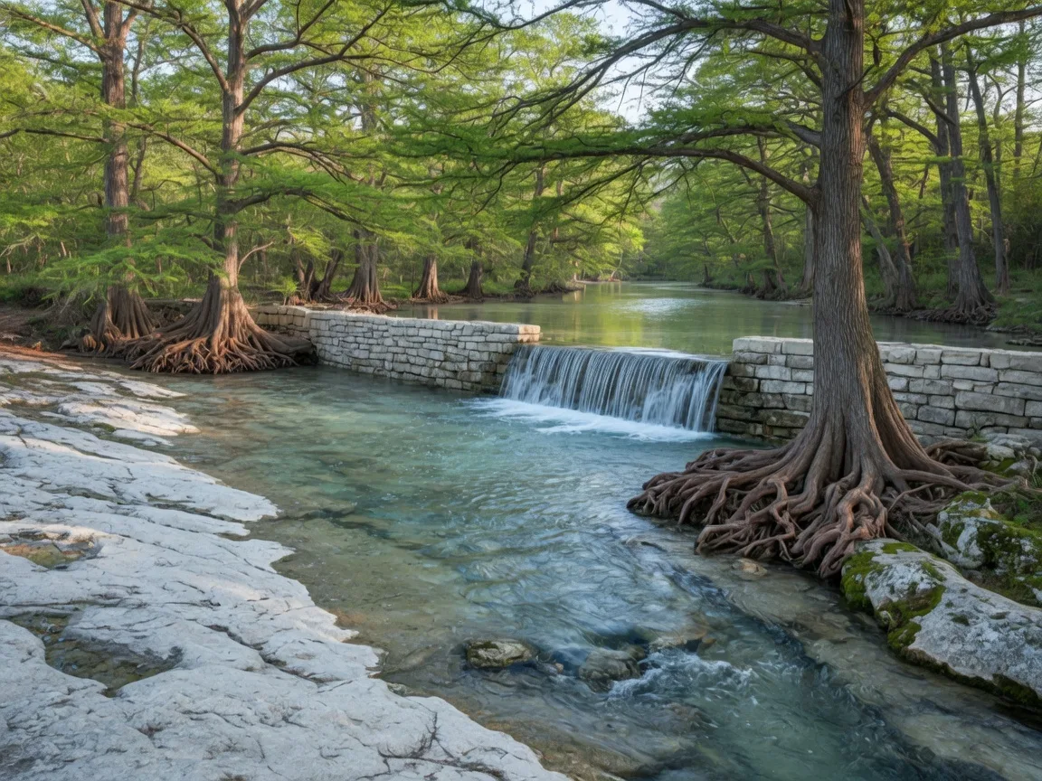 Spring-fed Blanco River flowing over limestone bedrock at Blanco State Park with cypress trees lining the banks