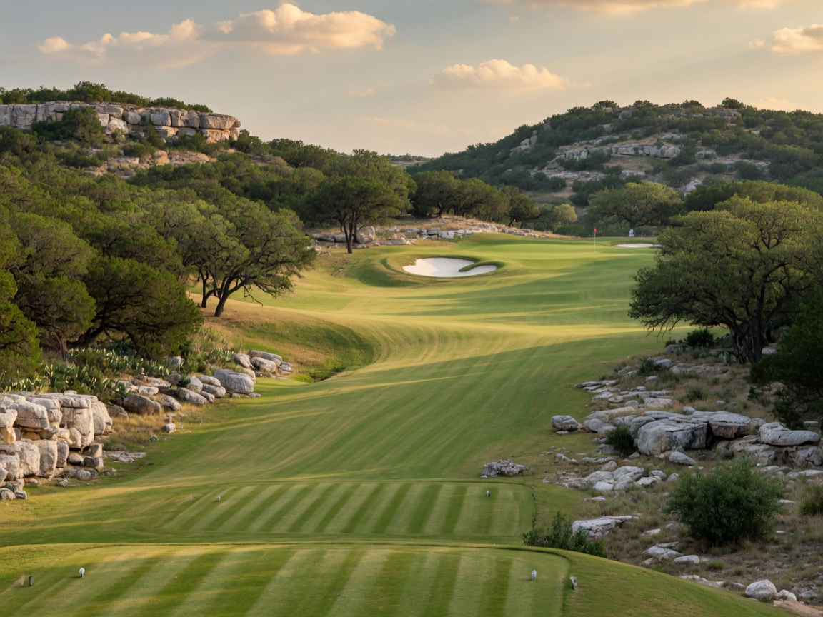 Tapatio Springs golf course fairway with rolling Hill Country terrain, live oaks, and limestone outcrops in Boerne Texas