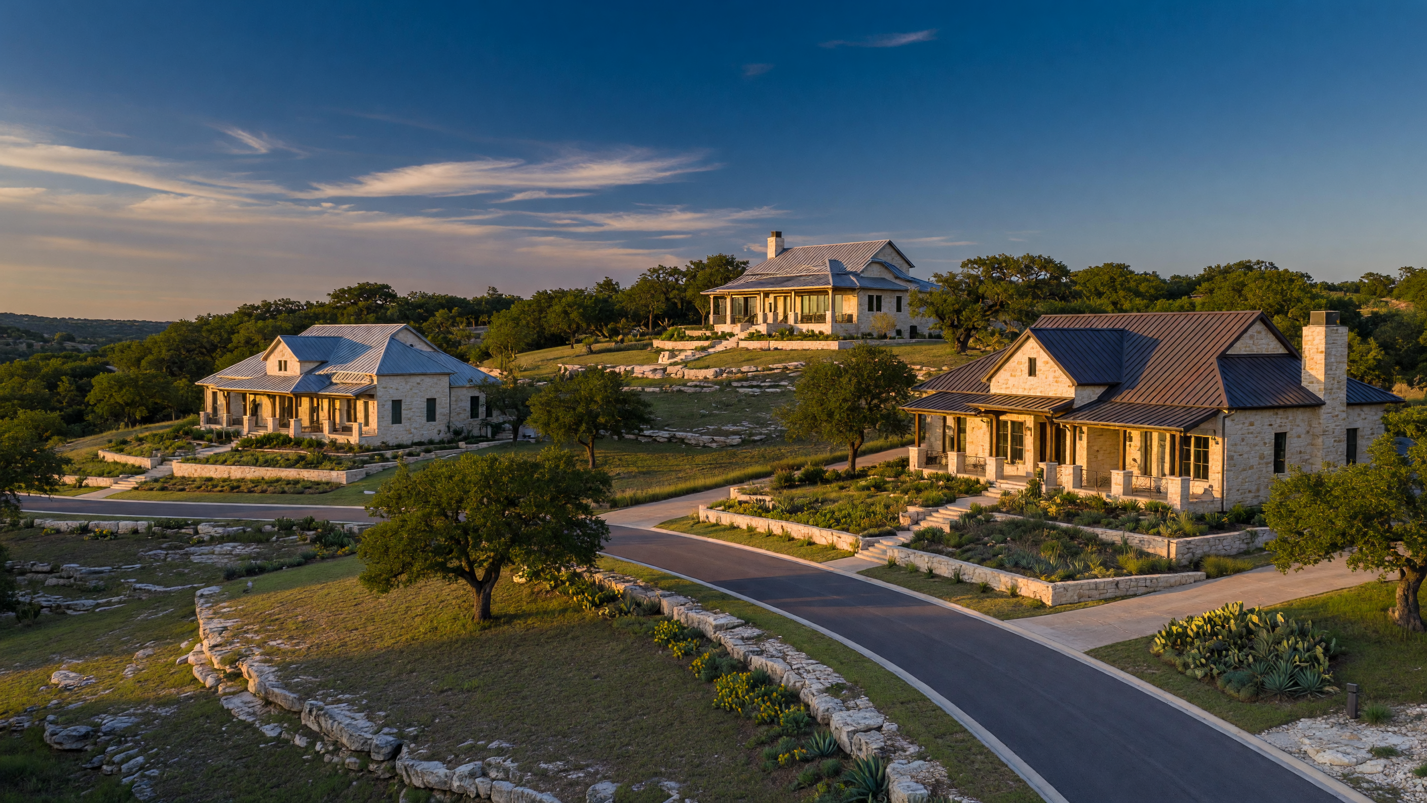 Hill Country community in Boerne Texas with luxury homes on one-acre lots among live oak trees and rolling terrain at George's Ranch