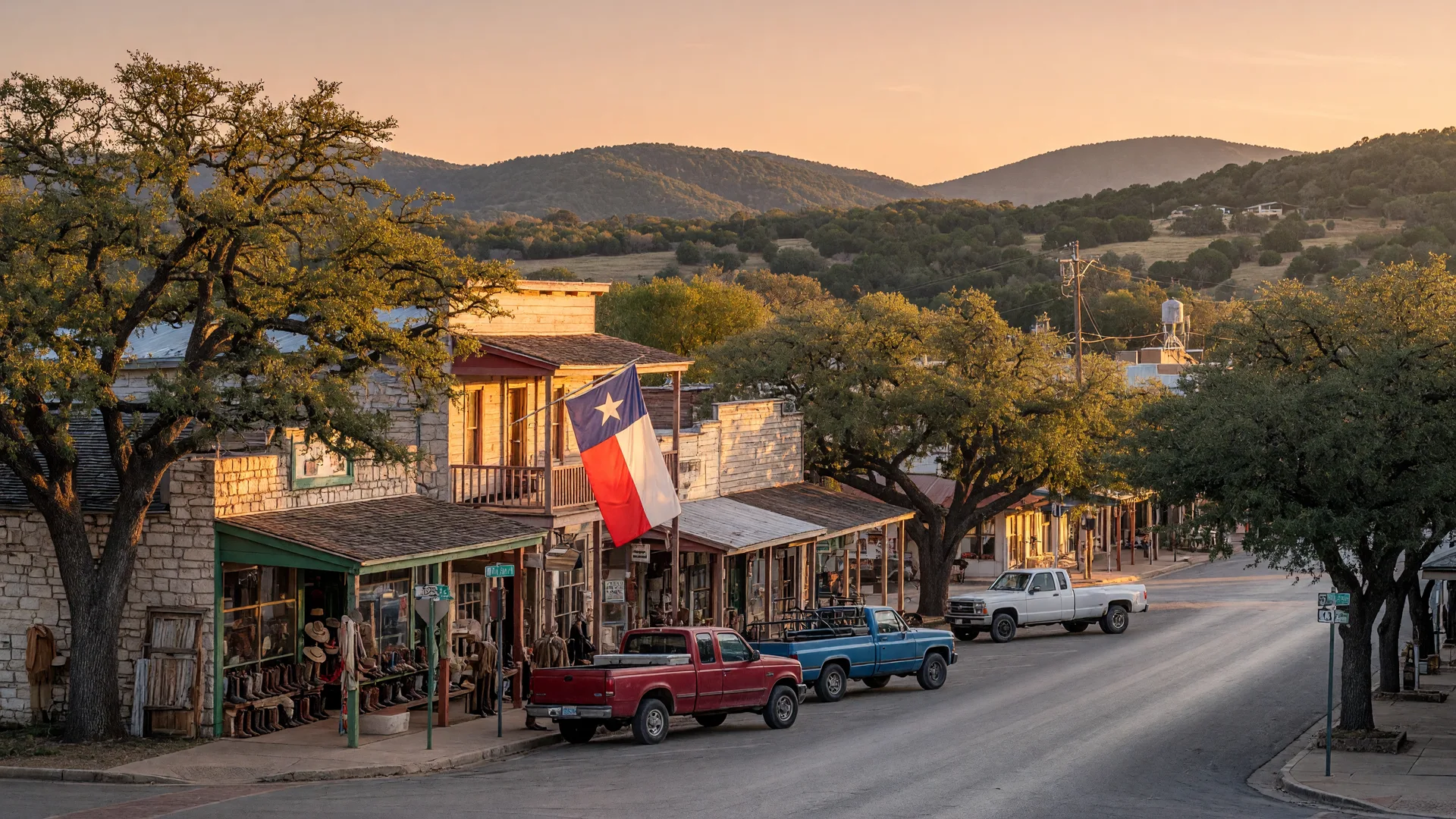 A cowboy riding a horse across open Hill Country grassland near Bandera, Texas, with rolling limestone terrain and live oaks in golden afternoon light