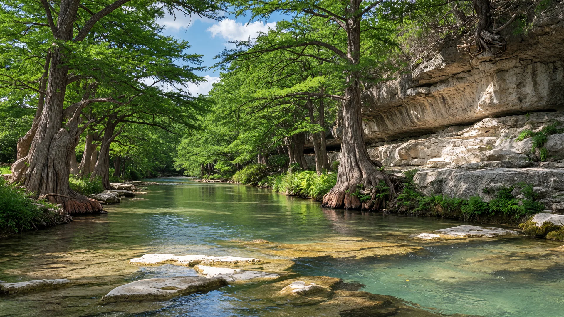Clear Guadalupe River flowing through bald cypress trees and limestone bluffs at Guadalupe River State Park