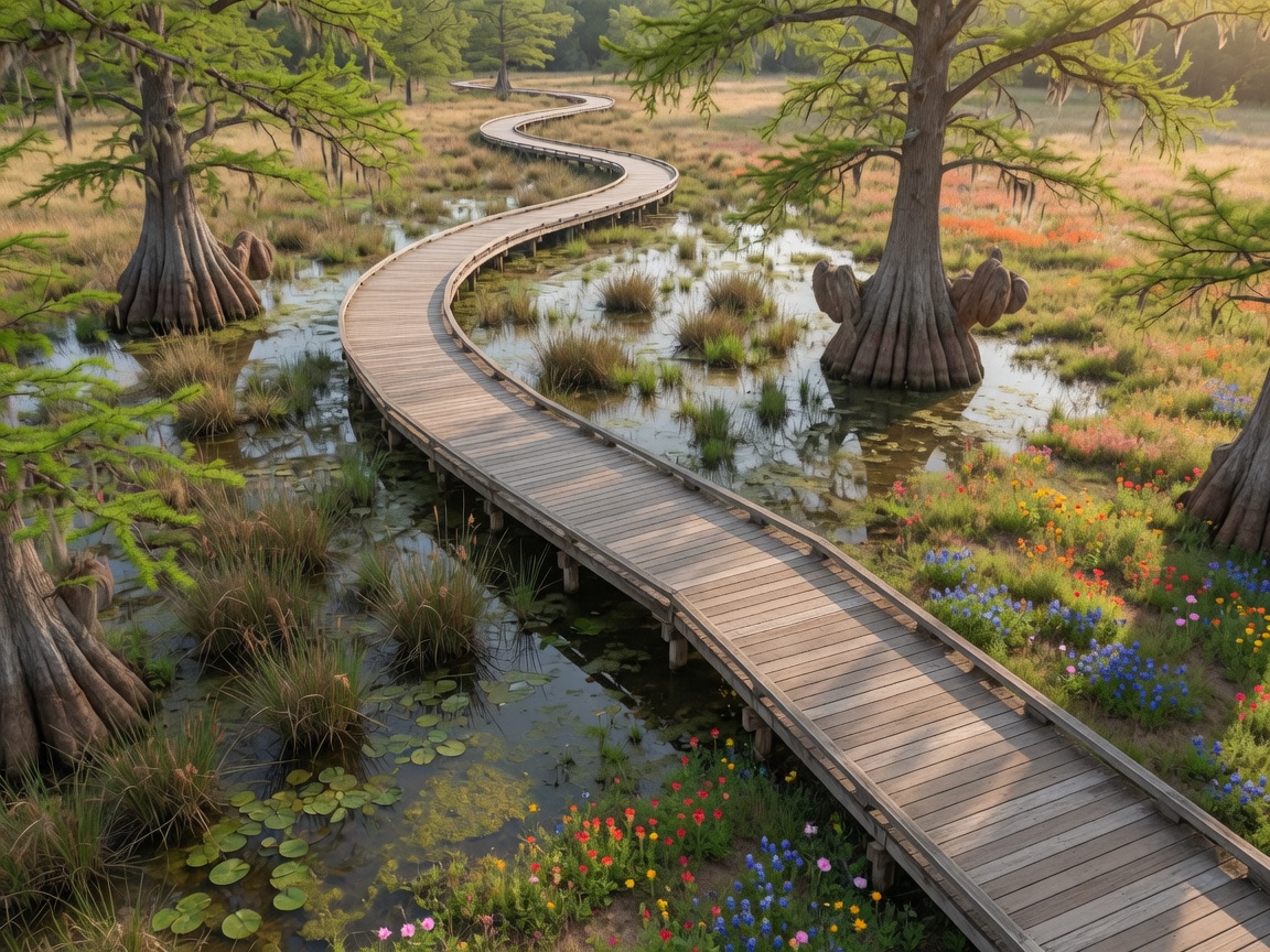 A boardwalk trail crossing a spring-fed marsh surrounded by cypress trees at a Texas nature preserve