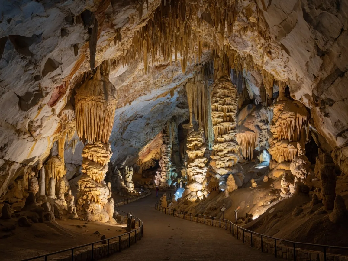 The dramatic 60-foot natural limestone bridge arching over the entrance amphitheater at Natural Bridge Caverns in the Texas Hill Country