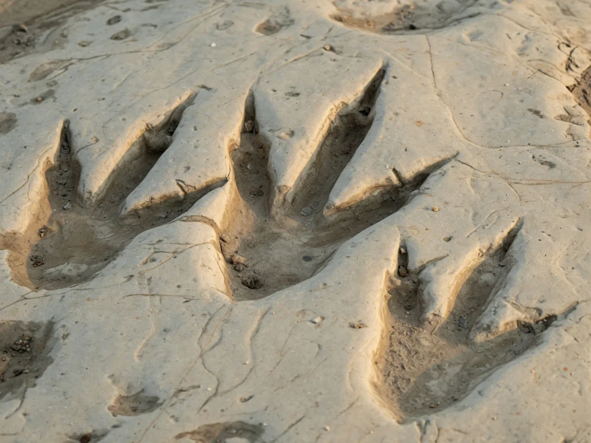Fossilized theropod dinosaur tracks embedded in the limestone creek bed at Government Canyon State Natural Area