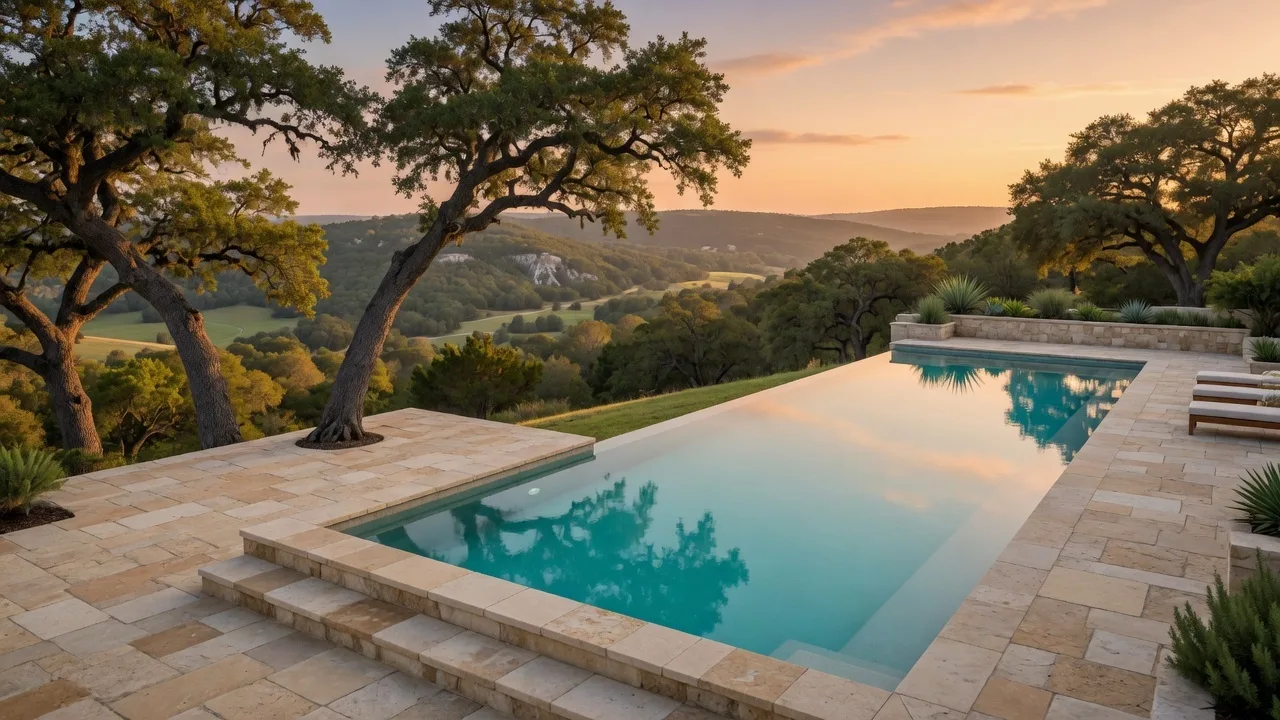 Luxury infinity-edge swimming pool overlooking the Texas Hill Country landscape near Boerne