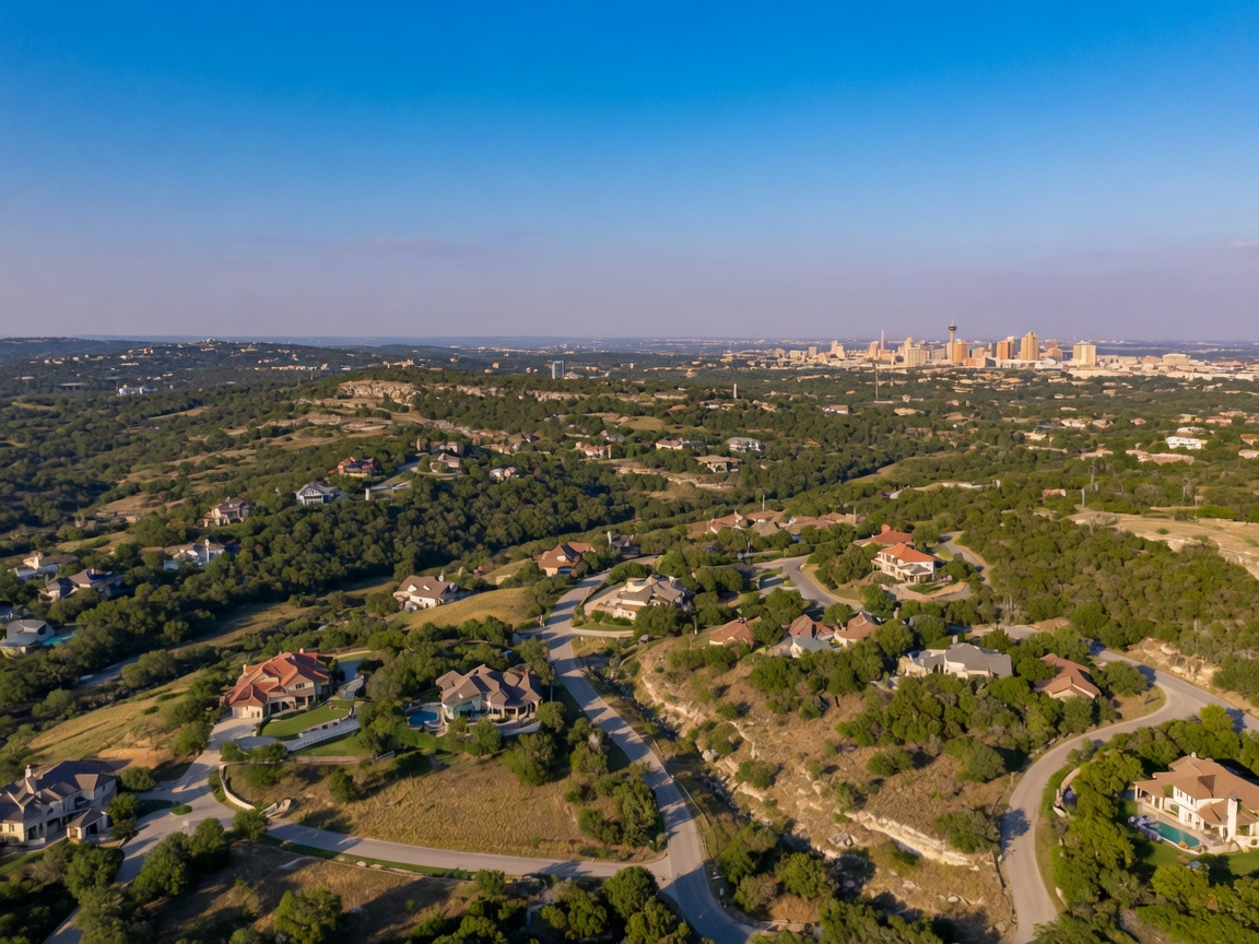 Aerial view of The Dominion community showing Hill Country terrain with mature trees and estate homes
