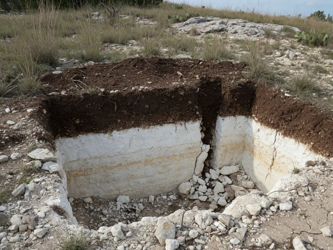 A young native tree properly planted in Hill Country caliche soil, with the root ball at surface level and a generous mulch ring kept away from the trunk