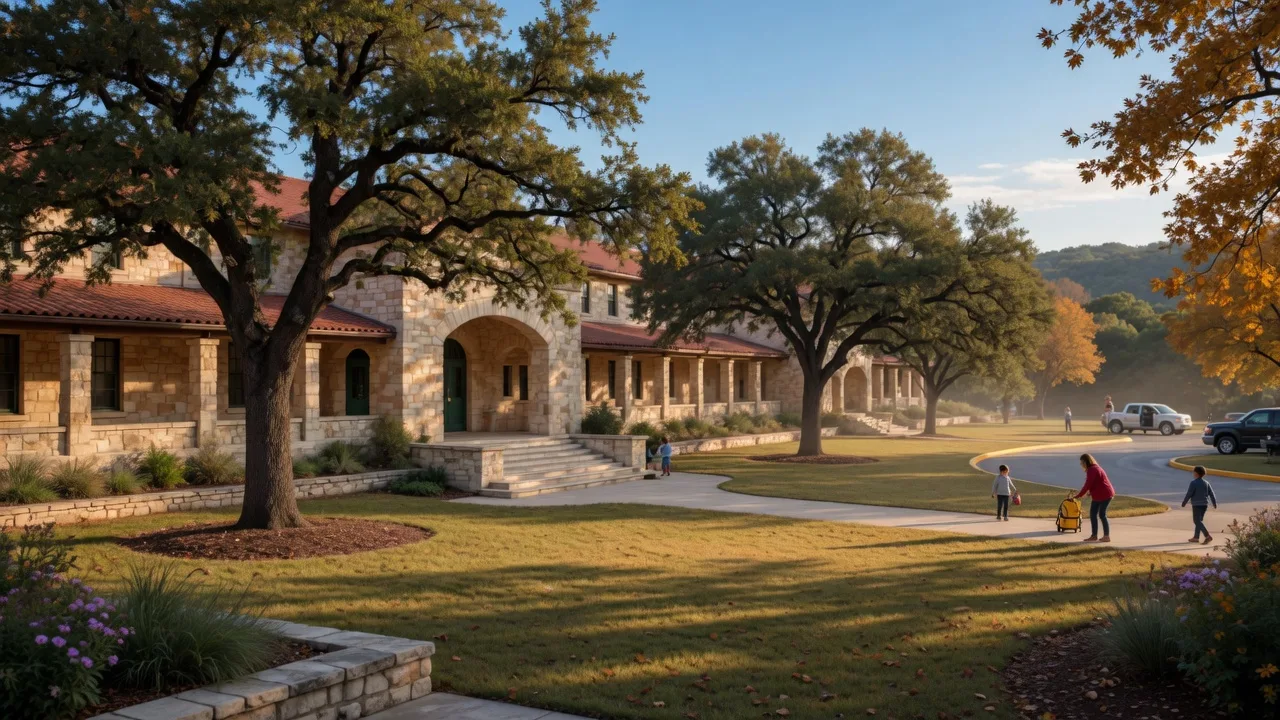 Texas Hill Country school campus with limestone architecture, live oak trees, and a welcoming campus entrance on a bright morning