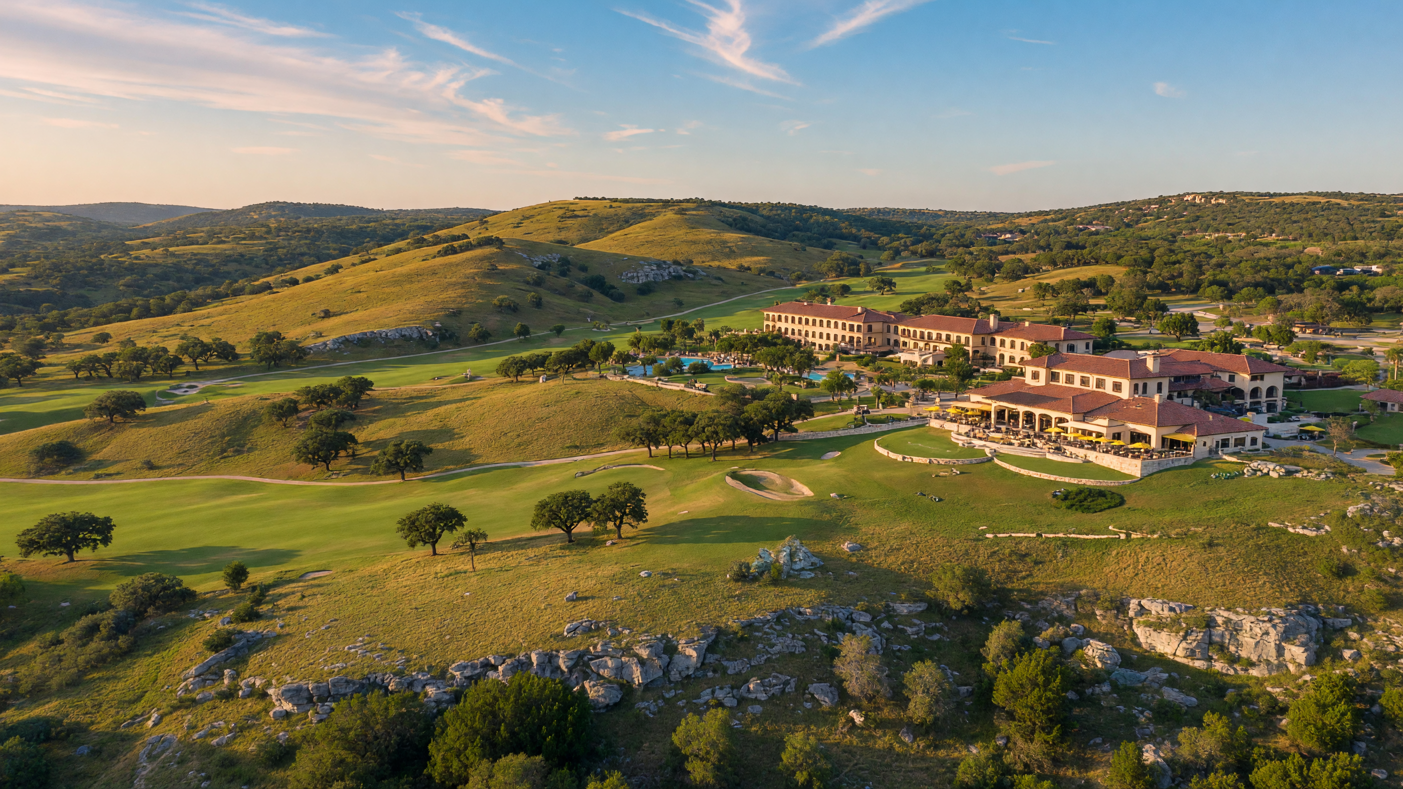 Tapatio Springs Hill Country Resort and golf community aerial view in Boerne Texas with rolling fairways and Hill Country terrain