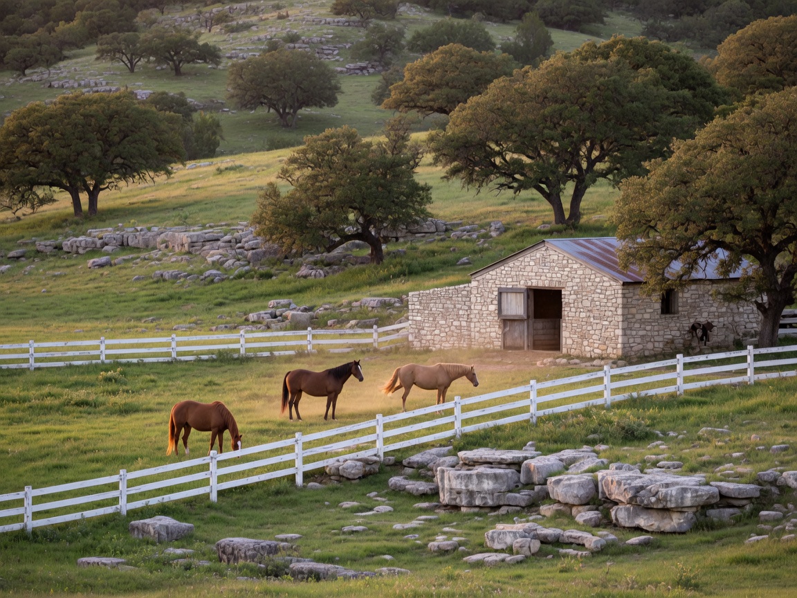 Texas Hill Country equestrian scene with horses in a green pasture, white fencing, rolling hills, and live oak trees