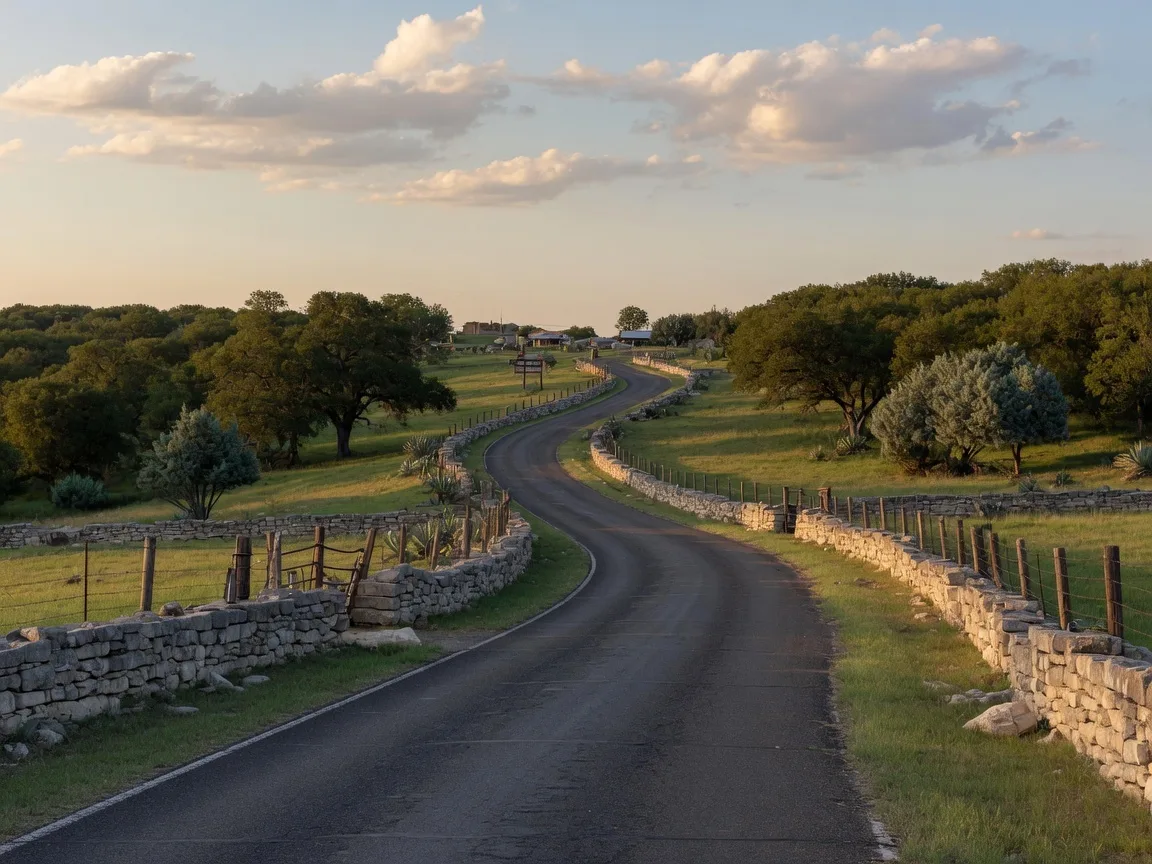 Scenic Hill Country road leading to Luckenbach Texas with limestone fences, rolling green hills, live oaks, and barbed wire fences under blue sky