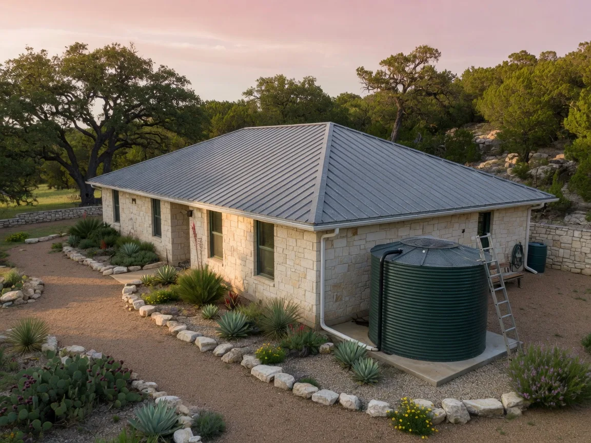 Storm clouds rolling over Texas Hill Country limestone hills with live oaks and scattered homes under a dramatic sky, representing the region\'s concentrated weather risk profile