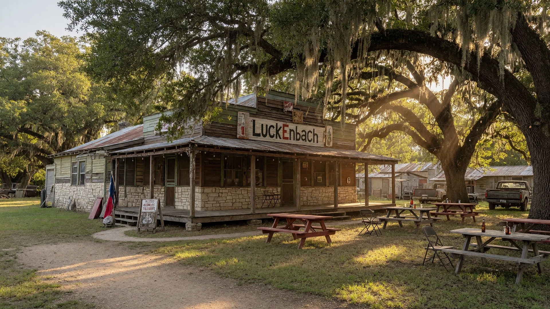 Historic Luckenbach Texas dance hall and general store with sprawling live oak trees, rustic wooden porch, and beer garden on a warm Hill Country afternoon