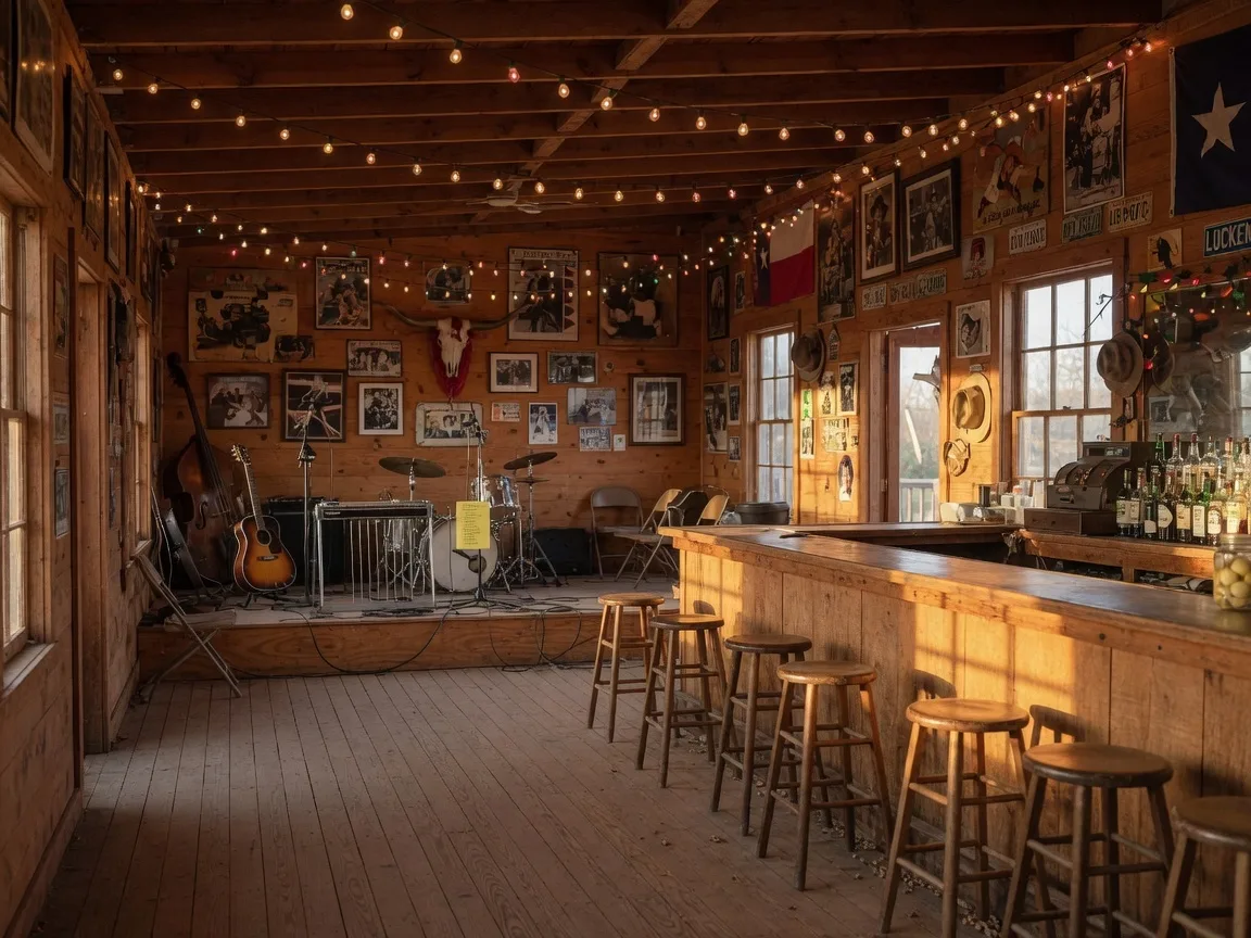 Interior of the historic Luckenbach Texas dance hall with wooden bar, stage, warm amber lighting, and Texas memorabilia on the walls