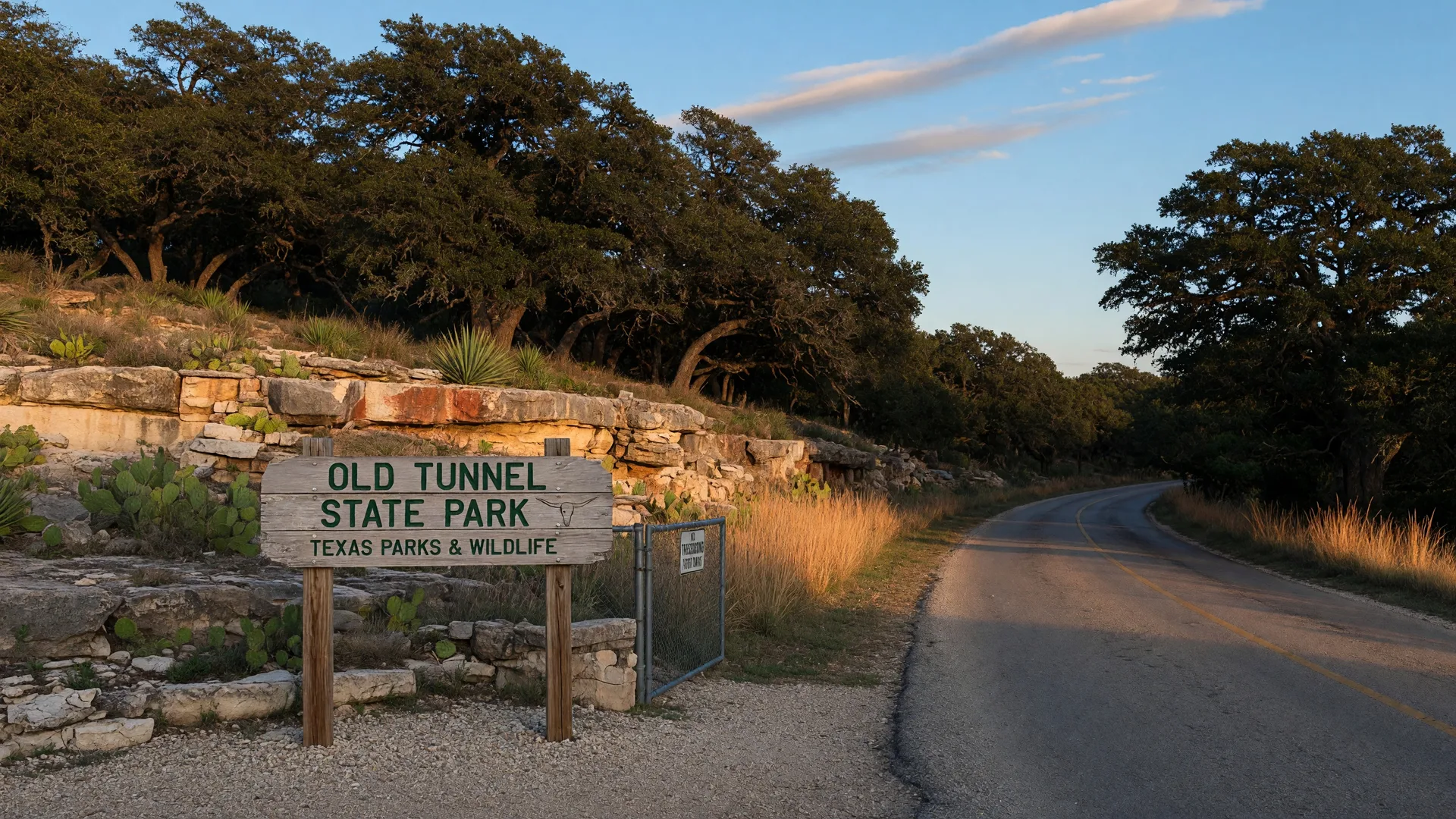 A peaceful nature trail winding through Hill Country terrain with native grasses, wildflowers, and live oaks at Old Tunnel State Park