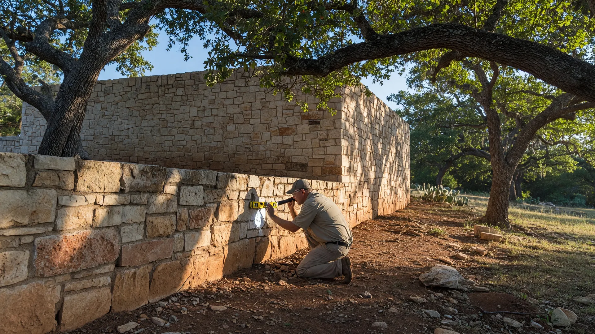 A home inspector examining the limestone foundation of a Texas Hill Country home on a clear morning, with native live oak trees framing the property