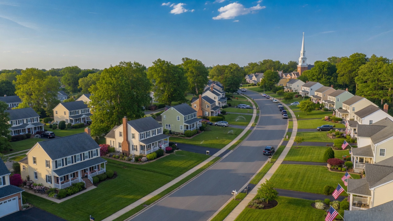 Aerial view of a tree-lined Virginia suburban neighborhood with well-kept homes and manicured lawns