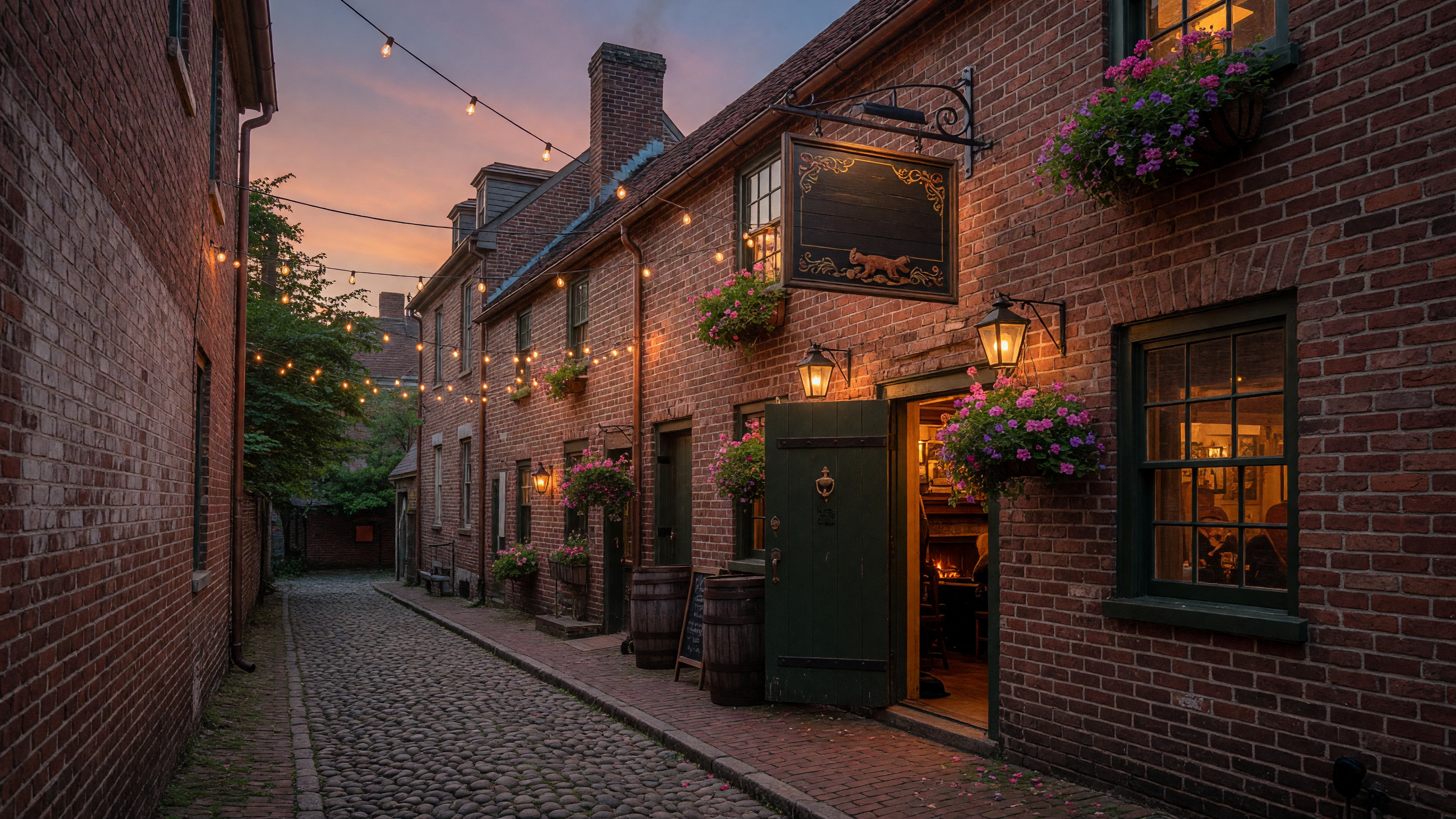 Cozy interior of The Brickhouse Run with exposed brick walls, dark wood beams, a mahogany bar, warm candlelight, and a crackling fireplace