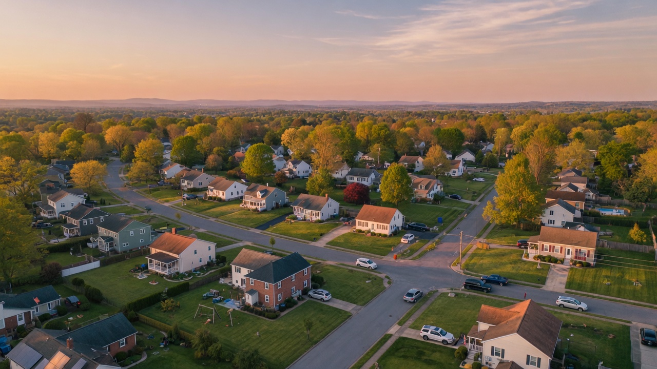 Aerial view of a tree-lined Virginia suburban neighborhood at golden hour