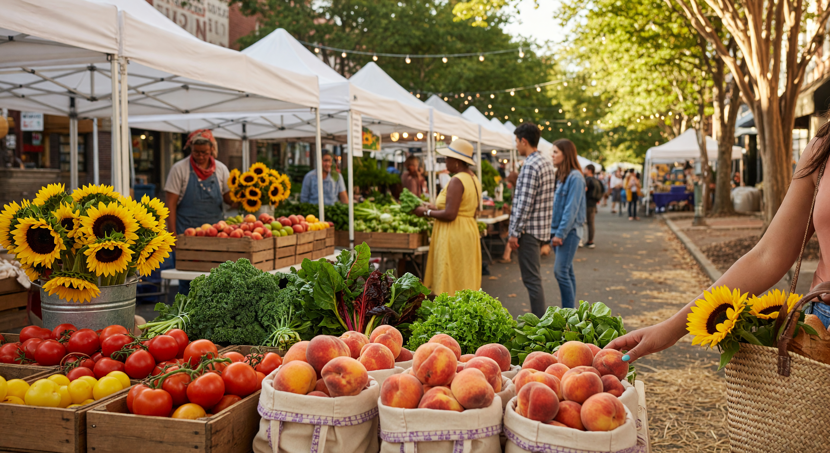 Colorful produce display at a Virginia farmers market with fresh tomatoes, peaches, and sunflowers